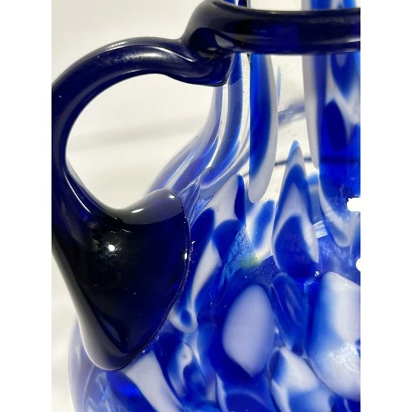 Spatter Blue White Hand Blown Glass Vase Applied Cobalt Blue Spiral Handle - Picture 5 of 7